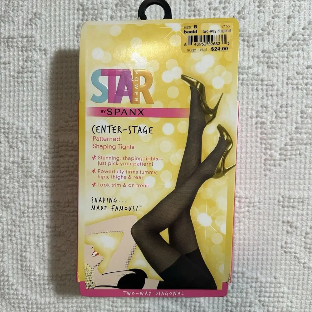 Spanx Star Power Center Stage Shaping Black 2-Way Diagonal Patterned Tights Sz B